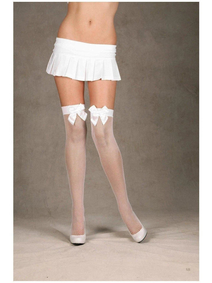 Fishnet thigh high with satin bow.
